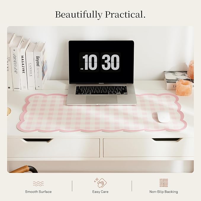 Ohocut Scalloped Gingham Checkered Desk Pad，Pink：31.5" x 15.7" | Large, Premium Faux Leather, Anti-slip Bottom, Water Repellent, Easy to Clean, Aesthetic Trendy Design