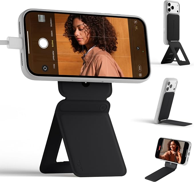 MOFT Phone Stand, Magnetic Phone Tripod Stand Stain-Resistant MOVAS Leather & Angle Adjustment & Strong Magnets Tripod for iPhone 17/16/15/14/13/12 (Included Metal Ring)-Jet Black