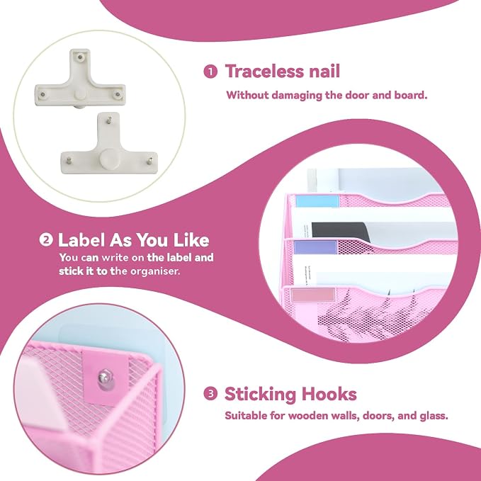 3 Pockets Mesh Wall File Holder Organizer Office Hanging File Folder Magazine Rack, Nametag Label Hooks Set Included (Pink)