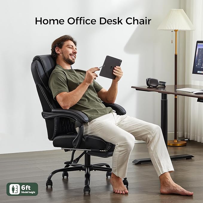 amseatec Big and Tall Office Chair with Footrest, Lumbar Support, Black | Ergonomic Leather High Back, Infinite Lock Reclining 90°-135°, 20 Spring Packs, 300lbs Capacity, Executive Desk Chair