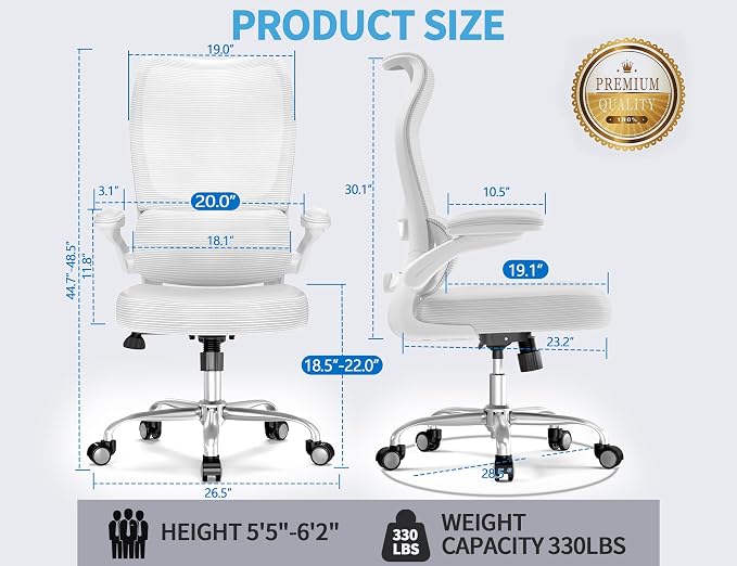 TRALT Office Chair Ergonomic Desk Chair - Gaming Chair with Lumbar Support | 330 LBS Home Office Desk Chairs , Reading Chair with Flip-up Armrests, Comfortable Computer Chairs (1, White)