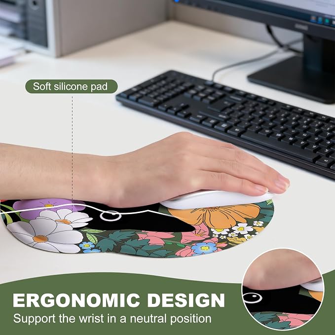 Black cat Mouse Pad with Gel Wrist Support, Smooth Surface Ergonomic Mouse pad, Non-Slip Pain Relief Desk Mat for Gaming, Work & Office Desktop