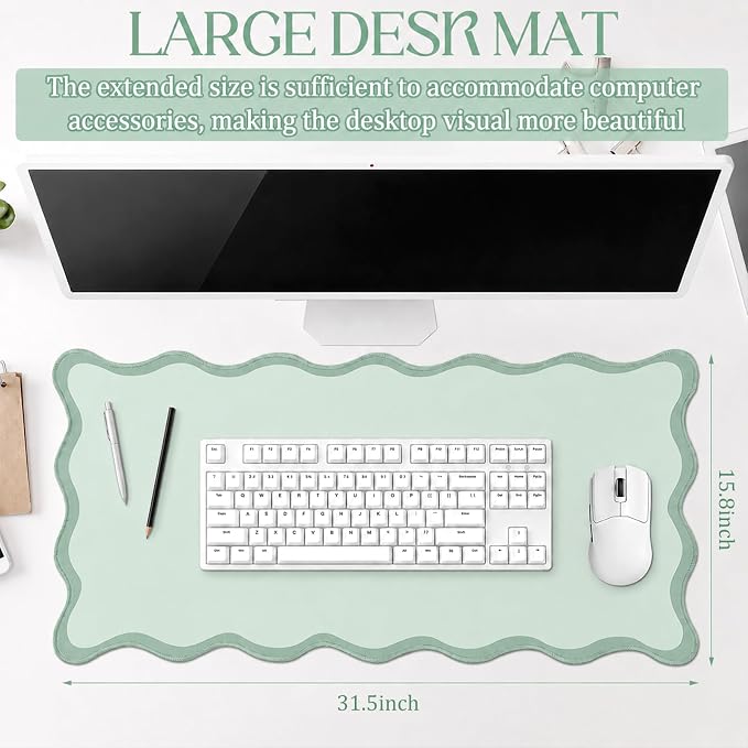 Hahafelt Scalloped Desk Mat Waterproof,Mint Green,31.5 X 15.8 Inches | Coquette Preppy Style for School Office Makeup Vanity, Nonslip Gaming Desktop Protector with Scalloped Stitched Edge Mat
