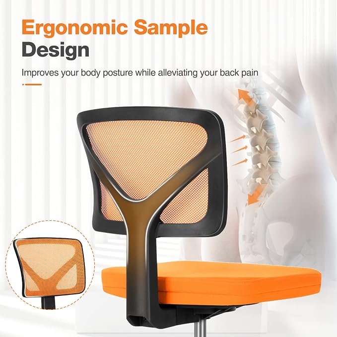 Sweetcrispy Small Armless Desk Chair, Mesh Rolling Office Chairs | Adjustable Ergonomic Lumbar Support, Low-Back, Swivel Wheels, Home Work, Bedroom, Study, Student, Adults, Orange