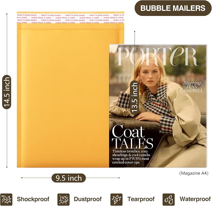 UCGOU Kraft Bubble Mailers 9.5x14.5" 25 Pack Usable Size 9.5x13.5" Yellow | Self Seal Waterproof Padded Envelopes,Tear Resistant Large Bubble Mailer Shipping Bags for Makeup Book Small Business #4