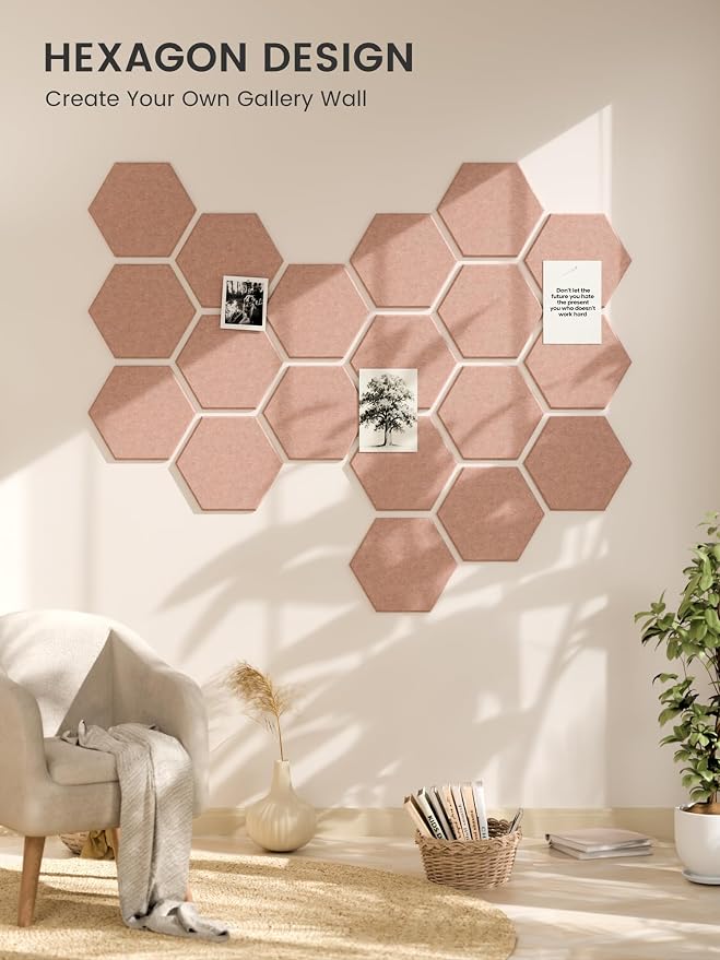 Fluxynara 8-Pack Hexagon Felt Bulletin Board Tiles, Pink-1 | Cork Board Alternative with 50 Adhesive Tabs for Notes, Photos and Reminders in Home Offices, Dorm and Classrooms
