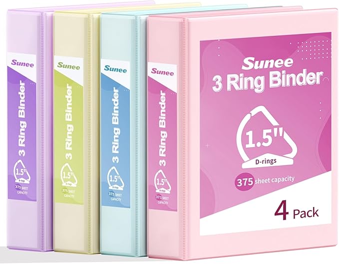 SUNEE 3 Ring Binder 1.5 Inch D Ring, Clear View Binder Three Ring PVC-Free (Fit 8.5x11 Inches) for School or Office Supplies, Assorted Pastel, 4 Pack
