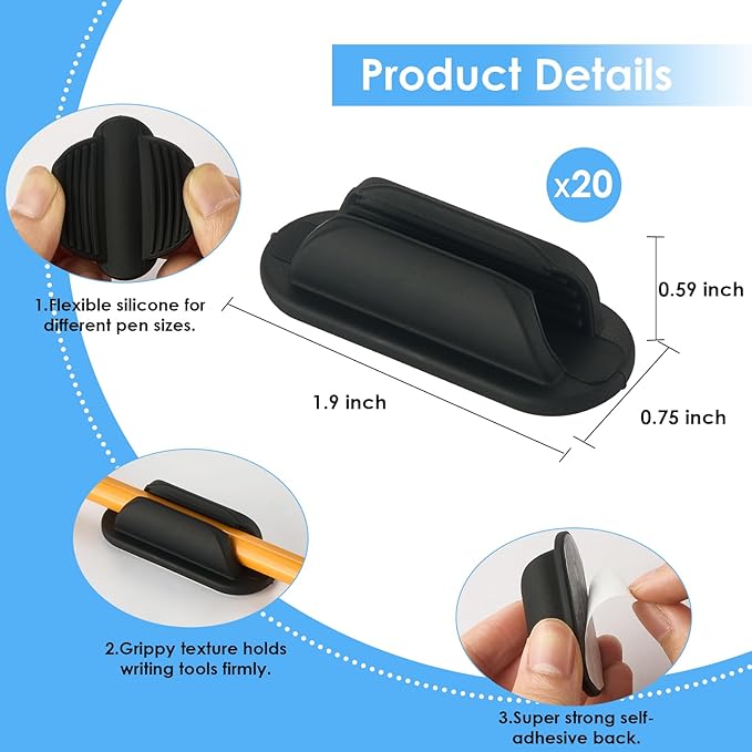 20 PCS Adhesive Pencil Holders, Silicone Marker Organizer for Desk, Notebook, Wall or Clipboard, Reusable Teacher Supplies for Classroom, Office, School Accessories (Black)