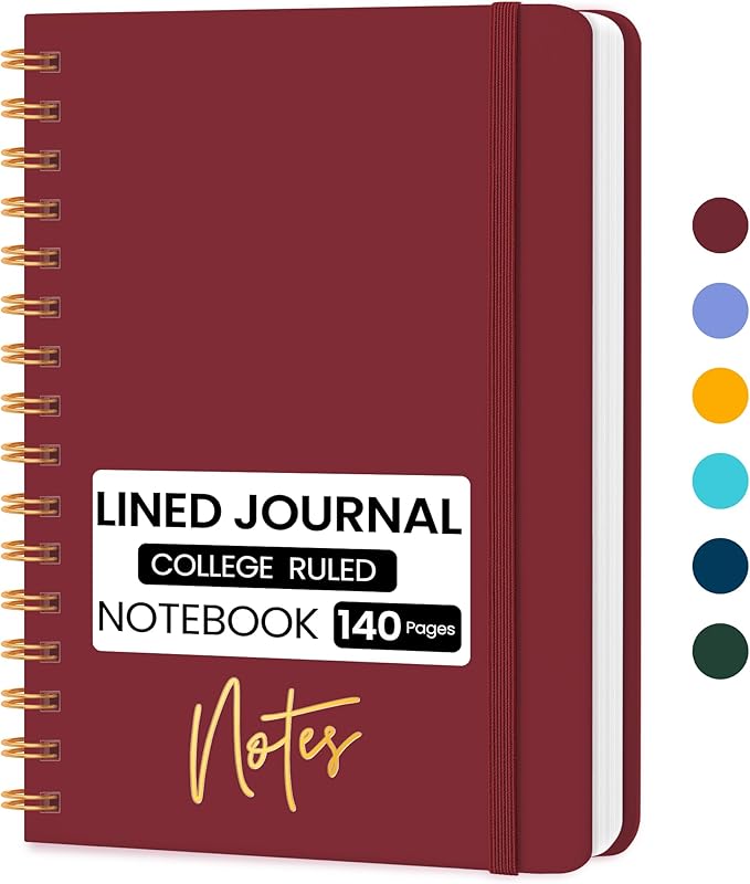 Lined Spiral Journal Notebook, A5 College Ruled Notebook for Journaling, Note-Taking, and Daily Planning, Durable Hardcover with an Elegant Design, Burgundy