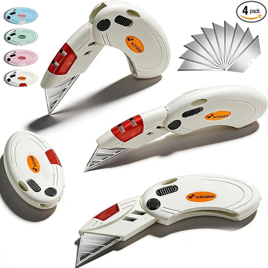 Box Opener with 10 Extra Blades,Mini Box Cutter with Button Lock Mechanism,Razor Blades Utility Knife for Opening Daily Express Boxes, Packages, Envelopes,Paper tapes.White,4 Pcs.