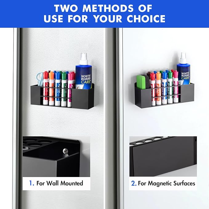 Wall Mounted Magnetic Dry Erase Marker Holder for White Board | Acylic Strong Magnet Pen Holder for Fridge&Refrigerator, Pencil Holder for Classroom, Office, Locker Organizer-Black