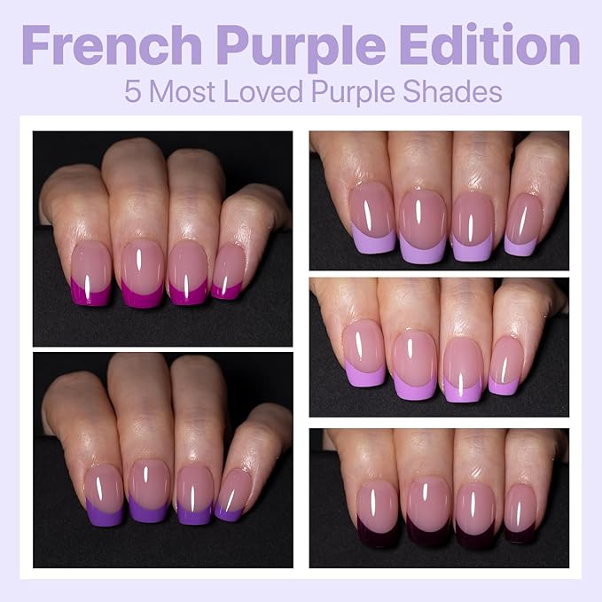 SXC Cosmetics French Tip Press On Nails 150 Pieces in 15 Sizes Ultra Fit with Pre-applied Tip Primer and Base Coat, No Need to File Fake Nails for Nail Art DIY X-Pro Tips (5PURPLE113-XS Square)