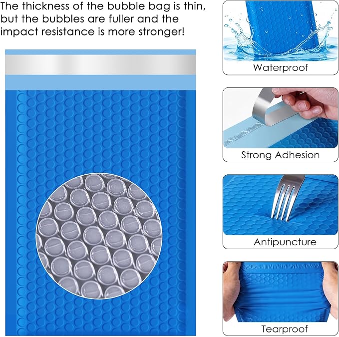 packbabol Bubble Mailers 4x8" 50 Pack Blue Padded Envelopes Waterproof Usable Size 4x7 Self-Seal Padded Mailing Envelopes Bubble Opaque Padded Mailer for Small Businesses， Envelope Mailers#000