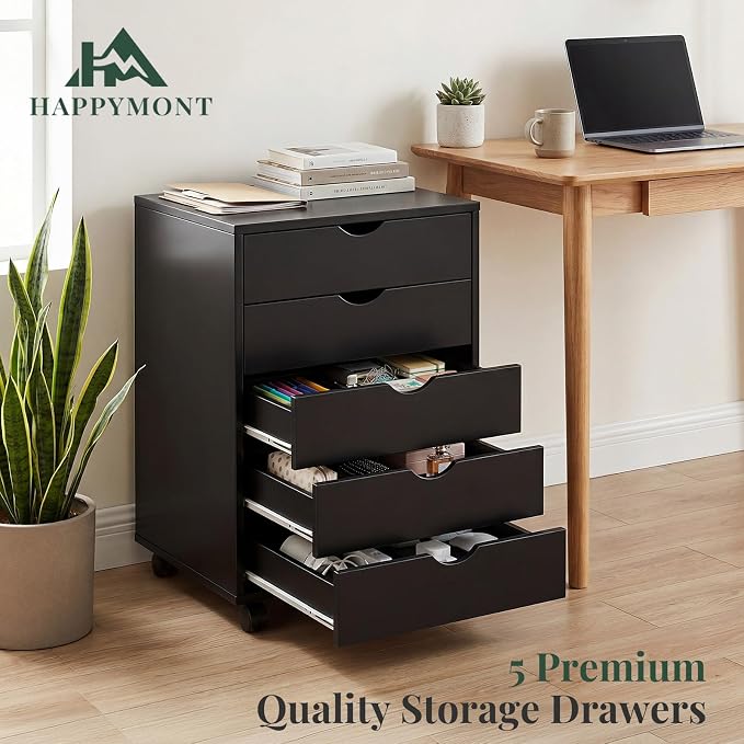 5 Drawer Mobile File Cabinet, Printer Stand with Wheels | Wood Under Desk Storage Cabinet, Rolling Printer Cart, Vertical Filing Chest for Small Space, Home Office, Living Room, Black
