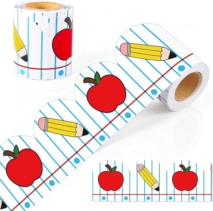 Whaline 32.8 Ft Apples Pencil Bulletin Board Border Back to School Decor | Notebook Border Trim, Self Adhesive Bulletin Board Stickers Roll, for Classroom Office Party Wall Decor