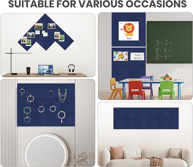 36" x 24" Felt Bulletin Board & Cork Board Alternative, Denim Blue | 6 Pack Removable Felt Wall Tiles with 20 pushpins, 30 Safe Adhesive Tabs, Pin Boards for Wall Decor, Home ,Office, Classroom