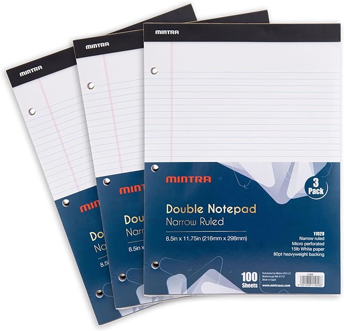 Mintra Office White Legal Pads – Ruled Notepads and Micro-Perforated Sheets, Ideal for Writing, Note-Taking & Creativity, Office, or Professional Use, Double Pad 3 pack, 8.5"x11" (Narrow Ruled)