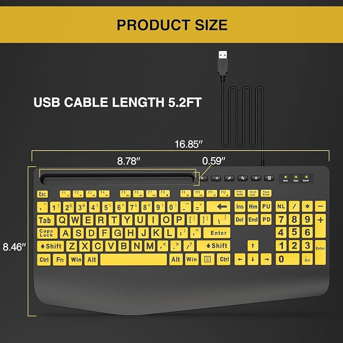 SABLUTE Large Print Computer Keyboard, Wired with Wrist Rest(Yellow+Black) | USB High Contrast Phone Holder Oversized Print Letters Easy to Read for Visually Impaired Vision Individuals