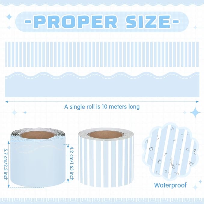 2 Rolls 65.6ft Marcaron Blue Striped Bulletin Board Borders Decoration Scalloped and Straight Edge Blue Bulletin Borders Board Trim for Office School Classroom Chalkboard Party Decoration