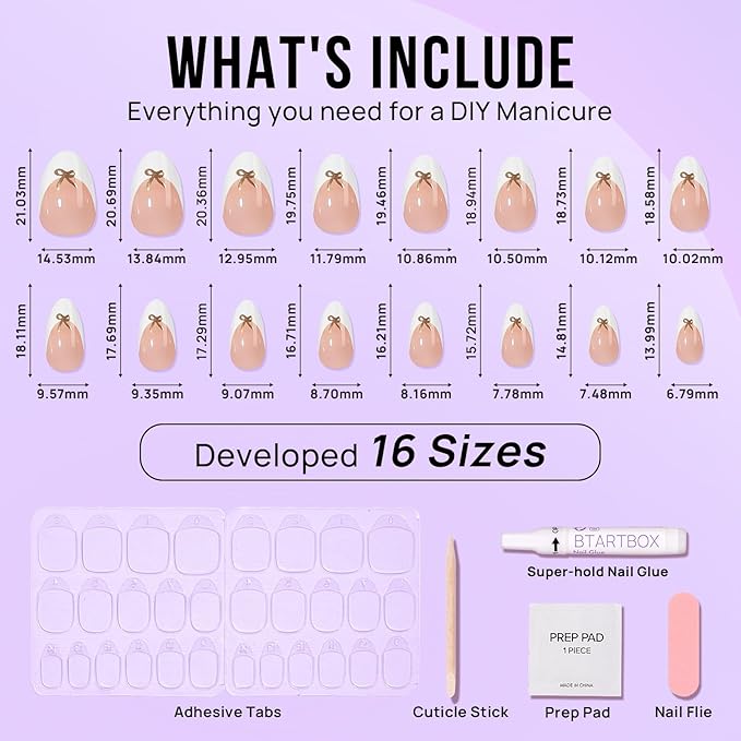 BTArtbox Press on Nails Short -White Designed French Tip Press On Nails Almond with Bow, Glue On Nails for Gifts, Natural Stick On Nails in 16 Sizes - 32 Fake Nails Kit, Dinner Star