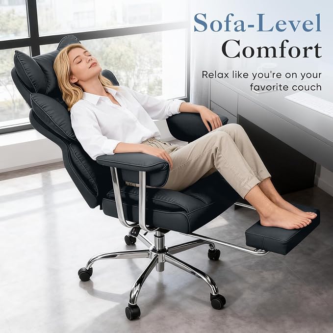 DUMOS Big and Tall Home Office Desk Chair, Executive Chair with Footrest | Ergonomic Reclining, Scratch-Resistant PU Leather, Pocket Spring Support, 400 LBS Weight Capacity, Black