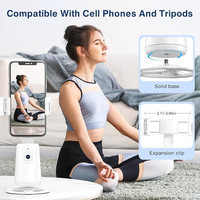 Auto Face Tracking Tripod 360° Rotating Cell Phone Photo and Video Kits Stand, No App, Camera Stand with Remote and Gesture Control, Rechargeable Smart Shooting Stand for Live Recording Tiktok（White）