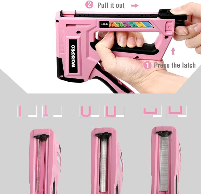 WORKPRO Staple Gun, 6-in-1 Manual Brad Nailer with 4000 Counts Staples | Upholstery Stapler Nail Gun for Fixing Material, Decoration, Carpentry, Furniture, Doors and Windows - Pink Ribbon