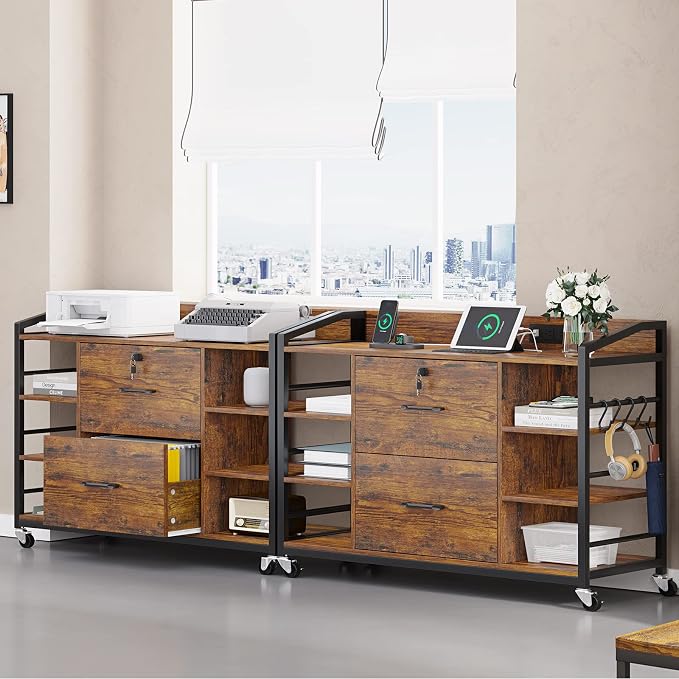 SEDETA 44" File Cabinet with Lock, Filing Cabinet fits Legal/Letter Size | Rustic Brown Lateral 2 Drawer Filing Cabinets for Home Office with Lock, Power Strip, 6 Storage Shelves, Wheels and 4 Hooks