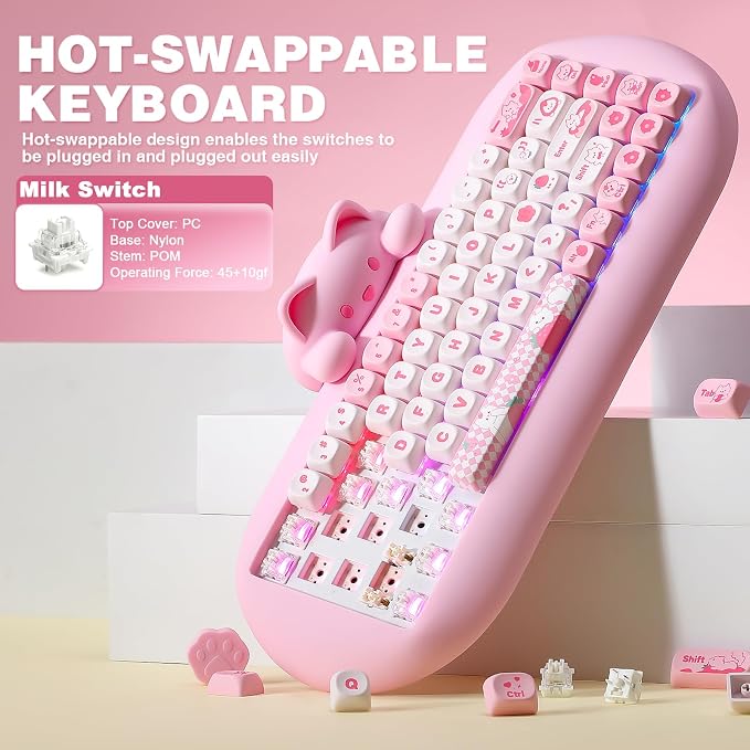 YUNZII C68 Silicone Cute Cat Mechanical Keyboard (Pink, Milk Switch) | Wireless Triple Mode BT5.0/2.4G/Wired, RGB Backlit NKRO, Cute Cat Silicone Ergonomic Design for Win/Mac
