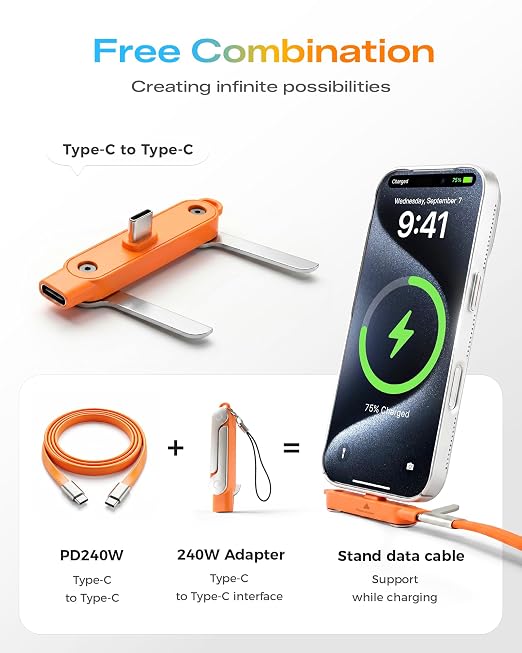 LOOHOI 240W Fast Charging USB-C to USB-C Cable with Built-in Phone Stand | Soft Silicone Invisible Stand Fast Charging Cord for Gaming, Desk Setup & Hands-Free Viewing (5FT, Orange)