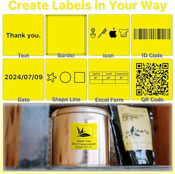 Square Thermal Label Stickers, 2"x2" (50.8mm x 50.8mm) Compatible with Multiple Thermal Printers Self-Adhesive Square Direct Strong Adhesive Thermal Labels, Yellow, 500 Sheets/Roll