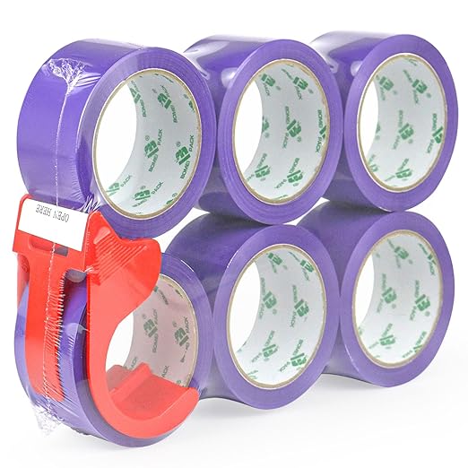 BOMEI PACK Purple Packing Tape with Dispenser, 2.4 Mil 1.88 Inch x 60 Yards, 6 Refills Rolls Color Box Tape for Moving, Shipping and Packaging