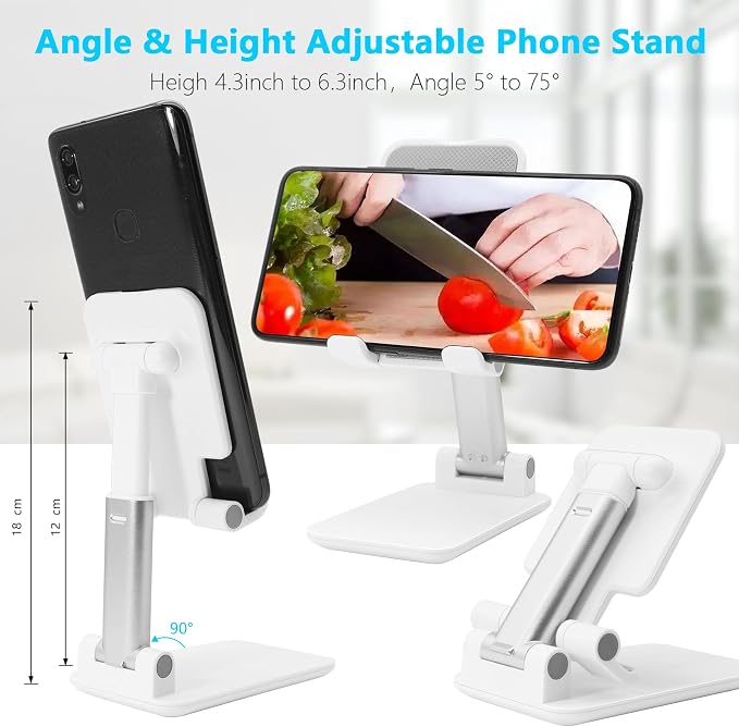 Cell Phone Stand for Desk, Angle & Height Adjustable Phone Holder, (White) | Fully Foldable, Fits for All Under 6.5" Smartphones, Ideal for Home, Office & Travel Use