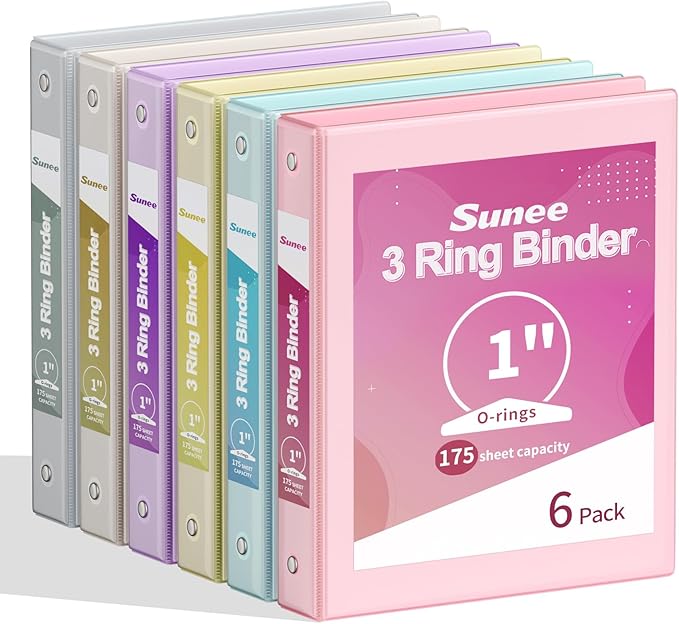 SUNEE 1 Inch Binders 3 Ring 6 Pack, Clear View Three Ring Binders PVC-Free (Fit 8.5x11 Inches) for School or Office Supplies, Pastel Binder