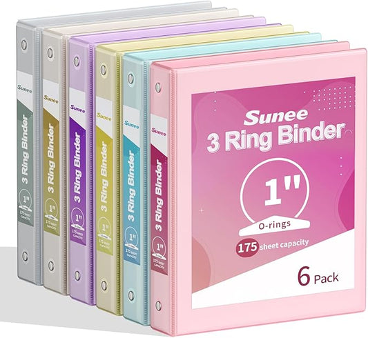 SUNEE 1 Inch Binders 3 Ring 6 Pack, Clear View Three Ring Binders PVC-Free (Fit 8.5x11 Inches) for School or Office Supplies, Pastel Binder