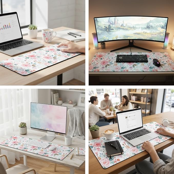 UJoowalk XL Extended Mousepad (35.3 x 15.7 Inch), Large Botanical Desk Mat, Pastel Pink Peony & Green Leaf Design, Waterproof Keyboard Surface, Aesthetic Work Accessories