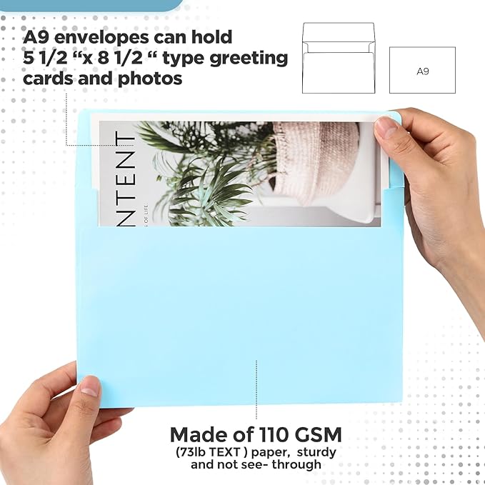 Harloon 100 Pcs A9 Invitation Envelopes 5.75 x 8.75 Inch Self Adhesive Wedding Invitation Envelopes Paper Greeting Card Envelope for Photos Letters Baby Shower Office 110 Gsm Paper(Light Blue)