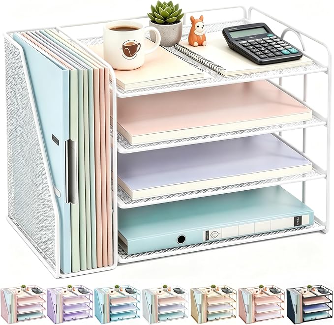 gianotter 4-Tier Paper Organizer With Magazine Holder | Desk Organizers and Accessories, File Organizer for Office Supplies Storag (White, 4-Tier)