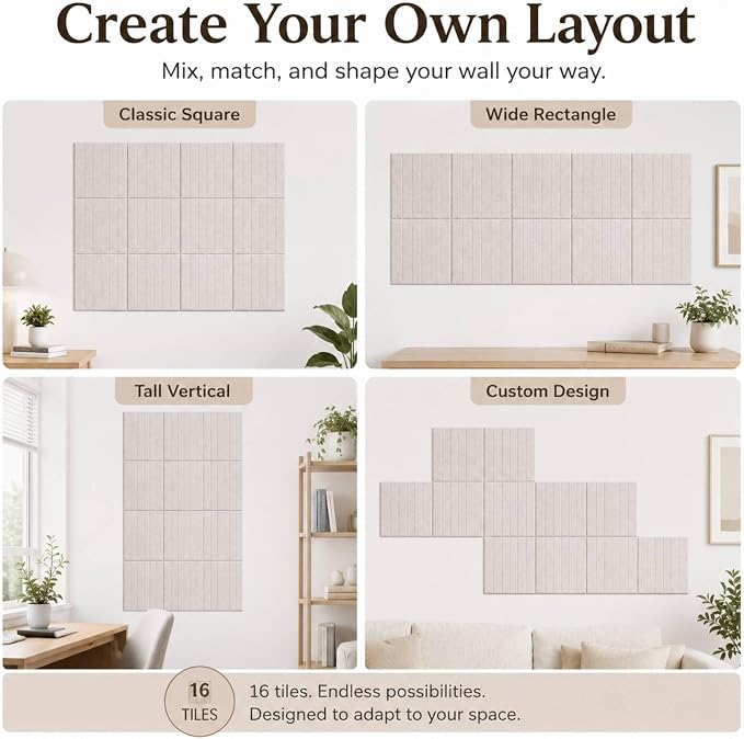 48"x48" Large Felt Bulletin Board Tiles for Wall, 16 Pack, Oatmeal | with Pushpins & Adhesive Tabs, No-Drill Installation, for Home or Office Wall Decoration and Protection, Freely DIY Projects