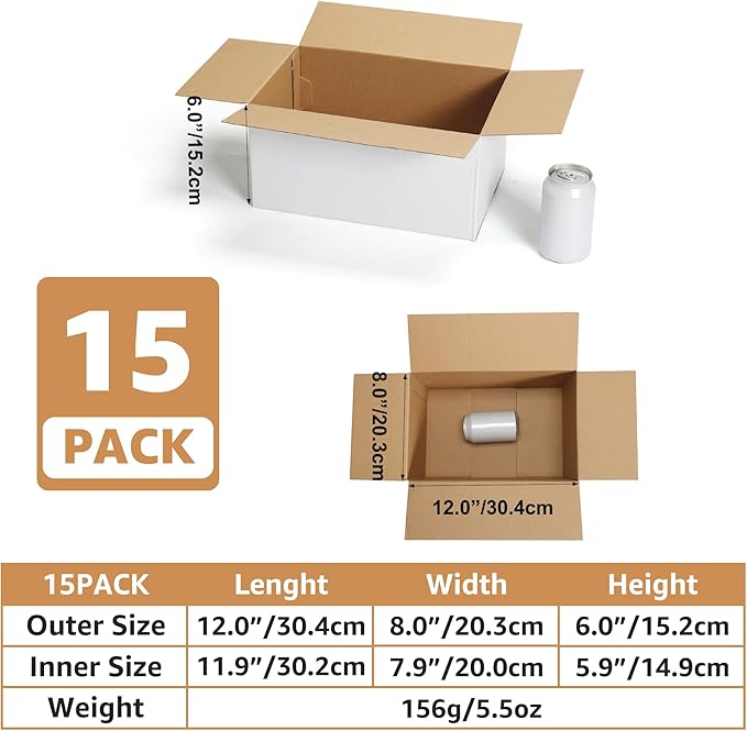 EXYGLO 15 Pack 12x8x6 Shipping Boxes for Small Business, White Corrugated Cardboard Small Box for Packaging, Moving, Mailing, and Storing