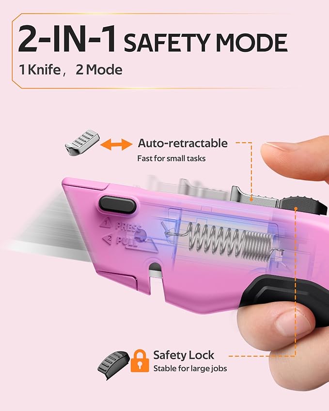 VOTREK® Box Cutter Utility Knife, 2-in-1 Safety Retractable Box Cutter for Women, Quick Change Razor Knife for Home, Office & DIY, Blade Storage Design, with Extra Sharp Razor & Hook Blades (Pink)