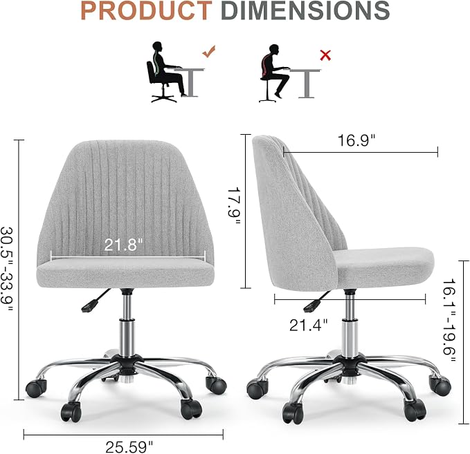 DUMOS Comfy Office Desk Chair, Armless Computer Vanity Chair | Height Adjustable, 360° Rolling Swivel Task with Wheels, Wide Seat Home Bedroom, Student, Adults, Dull Gray