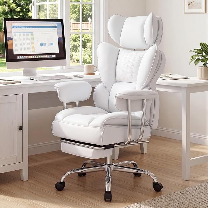 DUMOS Big and Tall Home Office Desk Chair, Executive Chair with Footrest | Scratch-Resistant PU Leather, Ergonomic Reclining, Pocket Spring Support, 400 LBS Weight Capacity, White