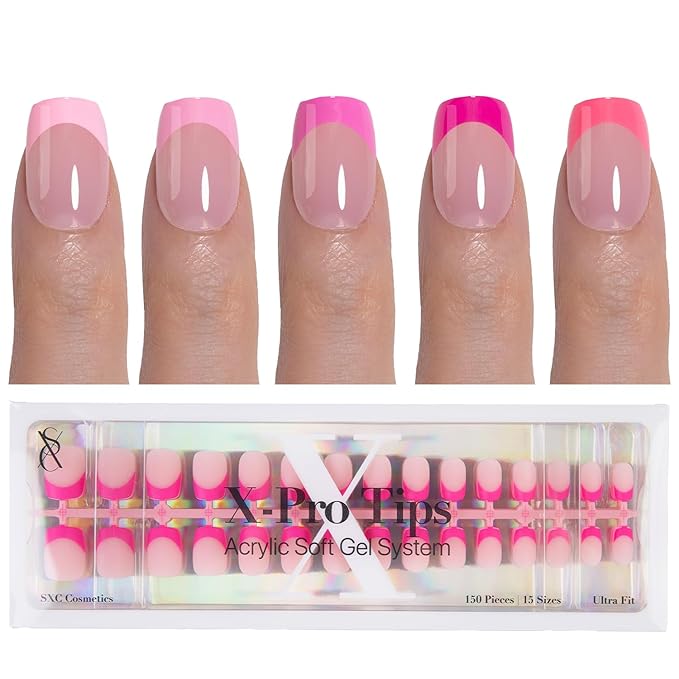 SXC Cosmetics French Tip Press On Nails 150 Pieces in 15 Sizes Ultra Fit with Pre-applied Tip Primer and Base Coat, No Need to File Fake Nails for Nail Art DIY X-Pro Tips (5PINK113-XS Square)