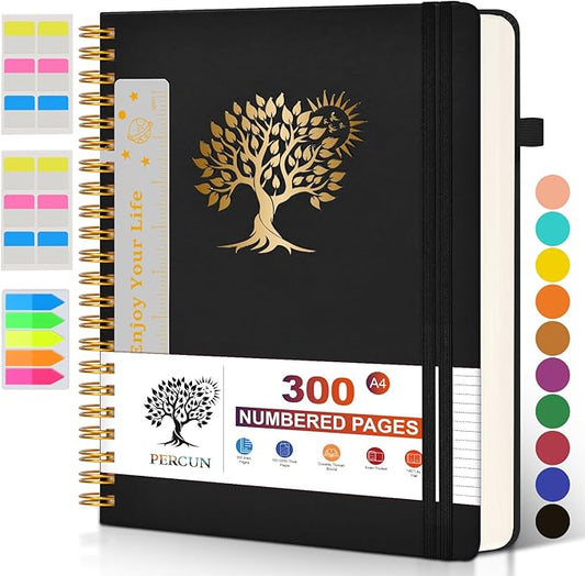 Large Spiral Notebook Journal for Women Men - 300 Numbered Lined Pages, College Ruled, A4 Hardcover Spiral Bound Notebook for School, Work, Note Taking, Writing, Leather Spiral Journal 8.5"x11"
