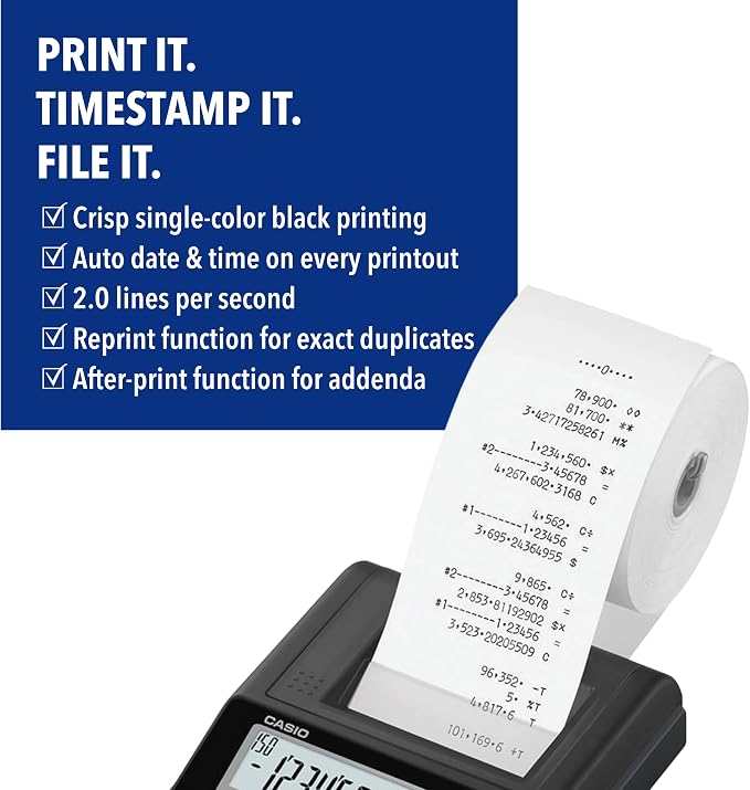 Casio HR-10RC Mini Desktop Printing Calculator, Black | Portable, 12-digit display, one-color printer, tax & currency; ideal for bookkeeping