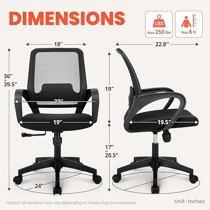 NEO Chair Office Desk Ergonomic Mesh Computer Chair with Lumbar Support Adjustable Height Swivel Rolling Wheels Comfy Mid Back Task Chair for Home Bedroom Vanity Study (Black)
