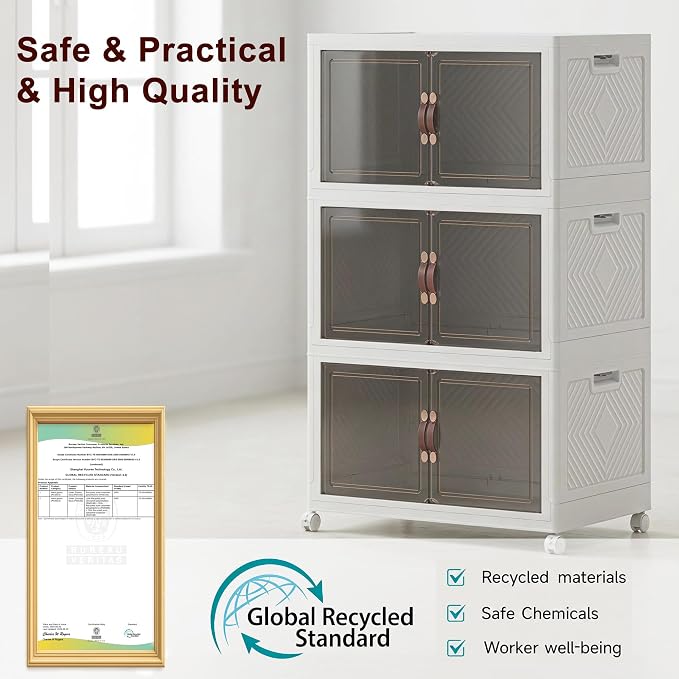 Stackable Storage Bins with Lids, 600QT Lockable Storage Cabinet | Folding Storage Box with Doors and Wheels, Collapsible Plastic Drawers for Home, Garage, Office