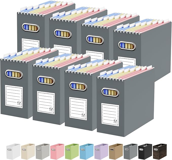 Portable Collapsible Cardboard File Box with Handle for Letter-Size | 8-Pack. Stainless Steel Handle. Label Stickers Included. Fits Letter Folders (Not Included). Home, Office, School, Dorm, Tax.