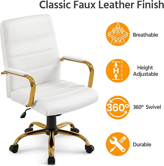 Yaheetech Mid-Back Office Chair PU Leather Desk Chair Adjustable Executive Task Chair w/Lumber Support Gold Leg White Seat